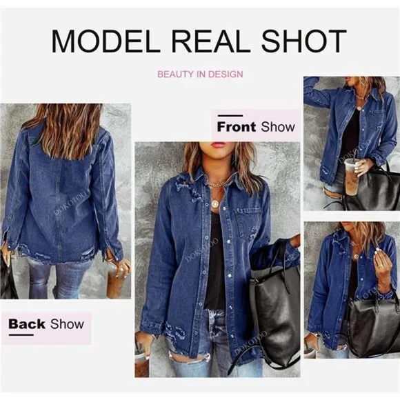 WOMEN'S Oversized Denim Jacket Casual Long A3 Blue